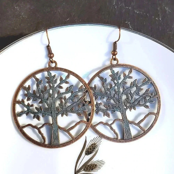 Antique Copper Verdigris Blue Green Patina Open Tree of Life Earrings - Picture 5 of 7